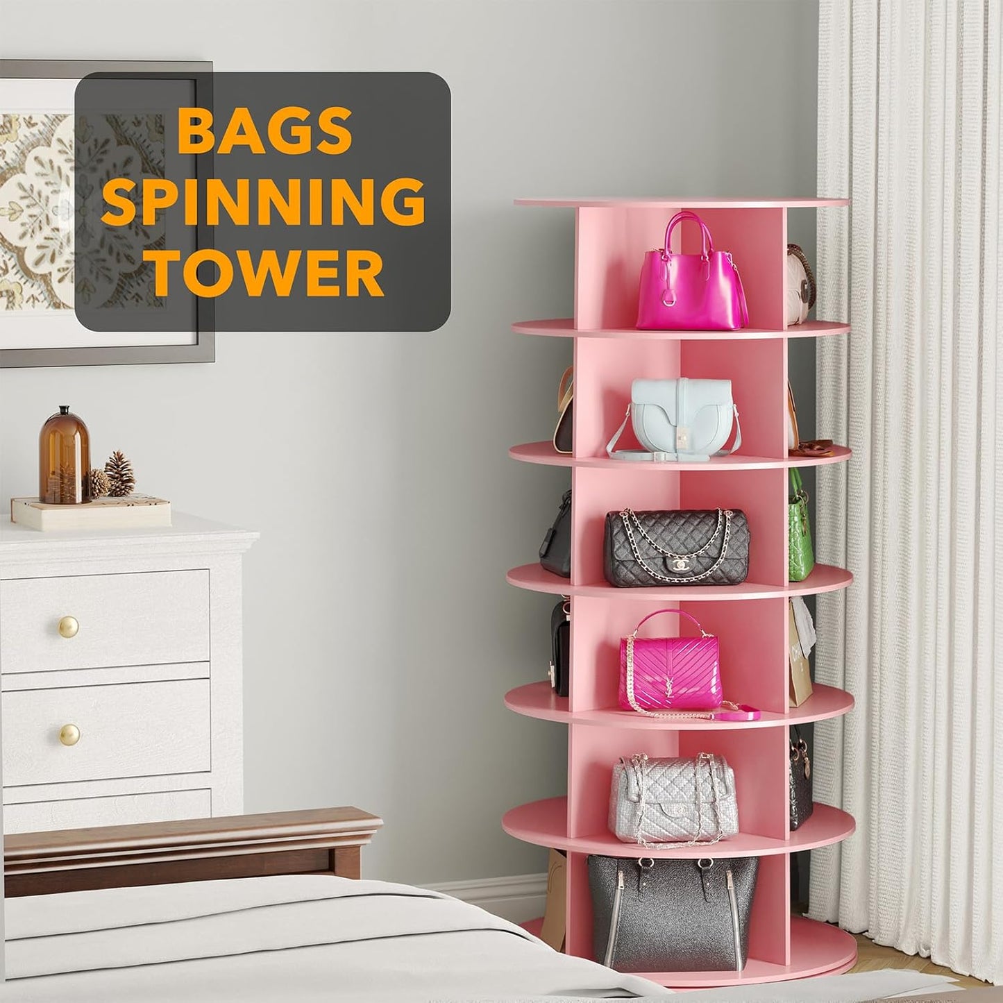 6 Tier Rotating Shoe Rack Tower, Spinning Shoe Display Lazy Susan, Revolving 360 Shoe Rack Storage round Carousel, Vertical Handbag Rotate Shoes Closet Organization (6-Tier Pink)