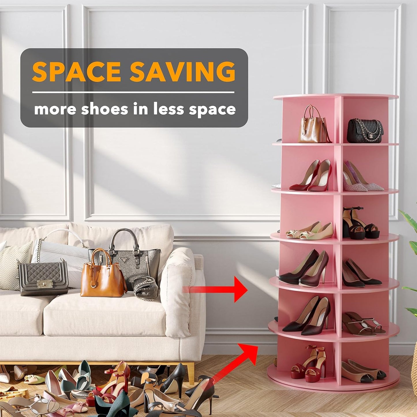 6 Tier Rotating Shoe Rack Tower, Spinning Shoe Display Lazy Susan, Revolving 360 Shoe Rack Storage round Carousel, Vertical Handbag Rotate Shoes Closet Organization (6-Tier Pink)