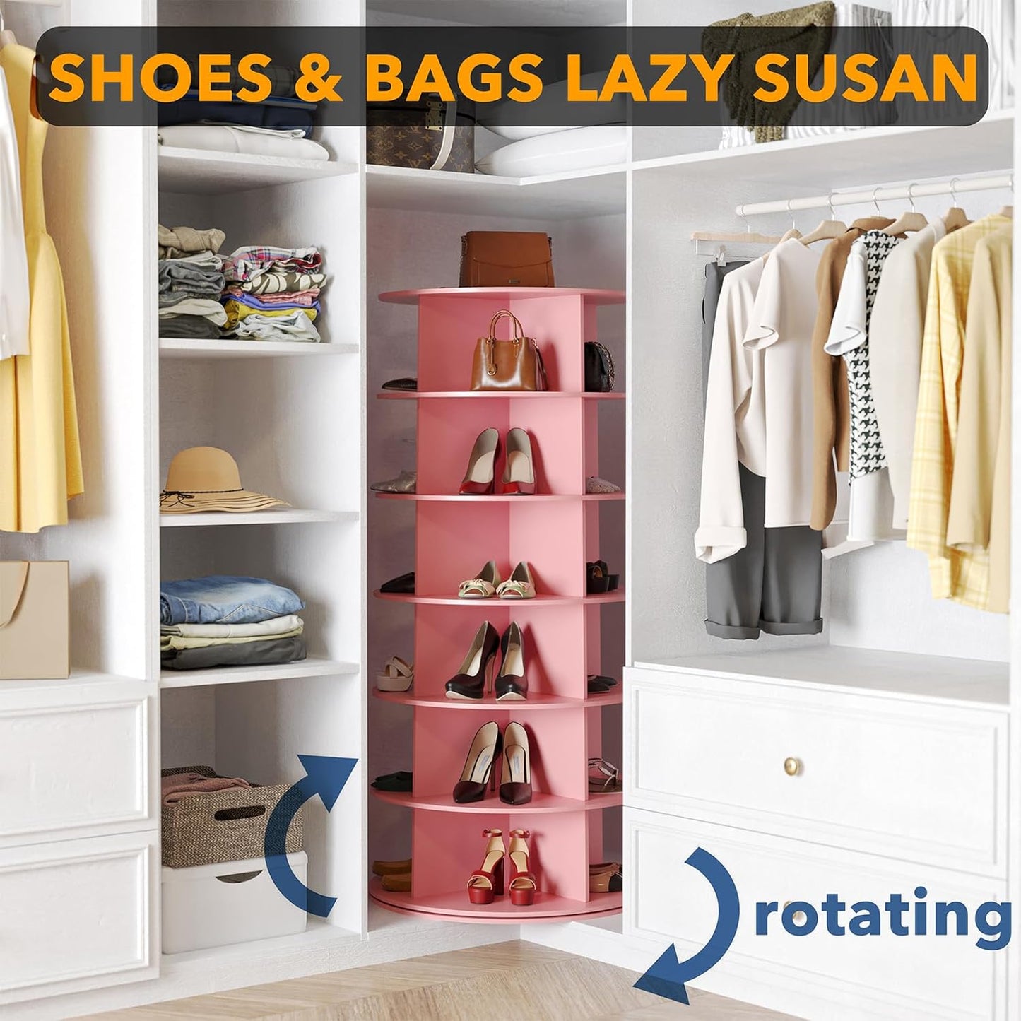 6 Tier Rotating Shoe Rack Tower, Spinning Shoe Display Lazy Susan, Revolving 360 Shoe Rack Storage round Carousel, Vertical Handbag Rotate Shoes Closet Organization (6-Tier Pink)