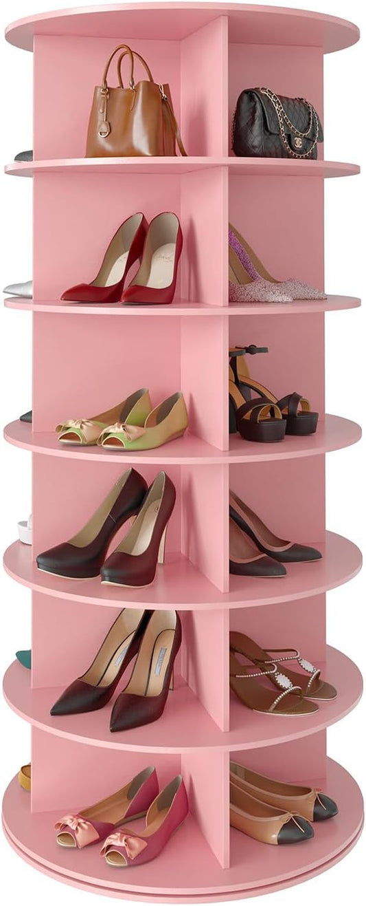 6 Tier Rotating Shoe Rack Tower, Spinning Shoe Display Lazy Susan, Revolving 360 Shoe Rack Storage round Carousel, Vertical Handbag Rotate Shoes Closet Organization (6-Tier Pink)