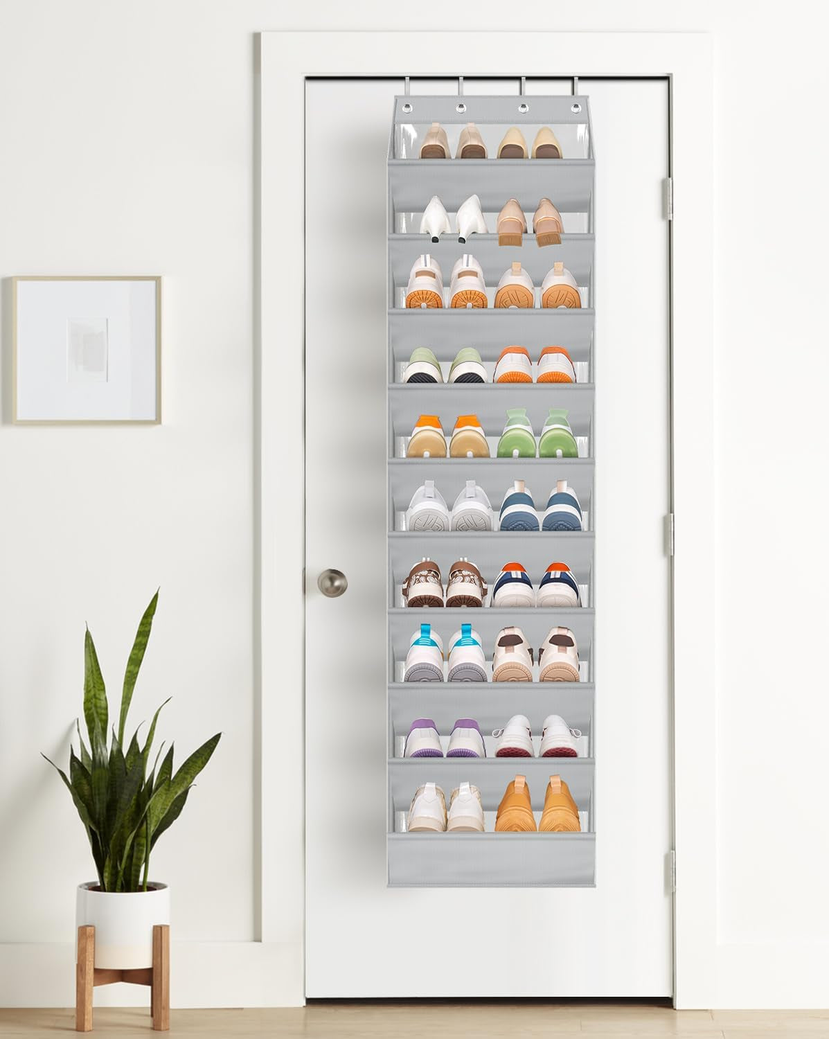 10 Tier Clear over the Door Shoe Organizer Storage, Deep Pockets Large Hanging Shoe Rack for Closet Door, Fit 20 Pairs Shoe Holder Hanger for Boots (Grey)