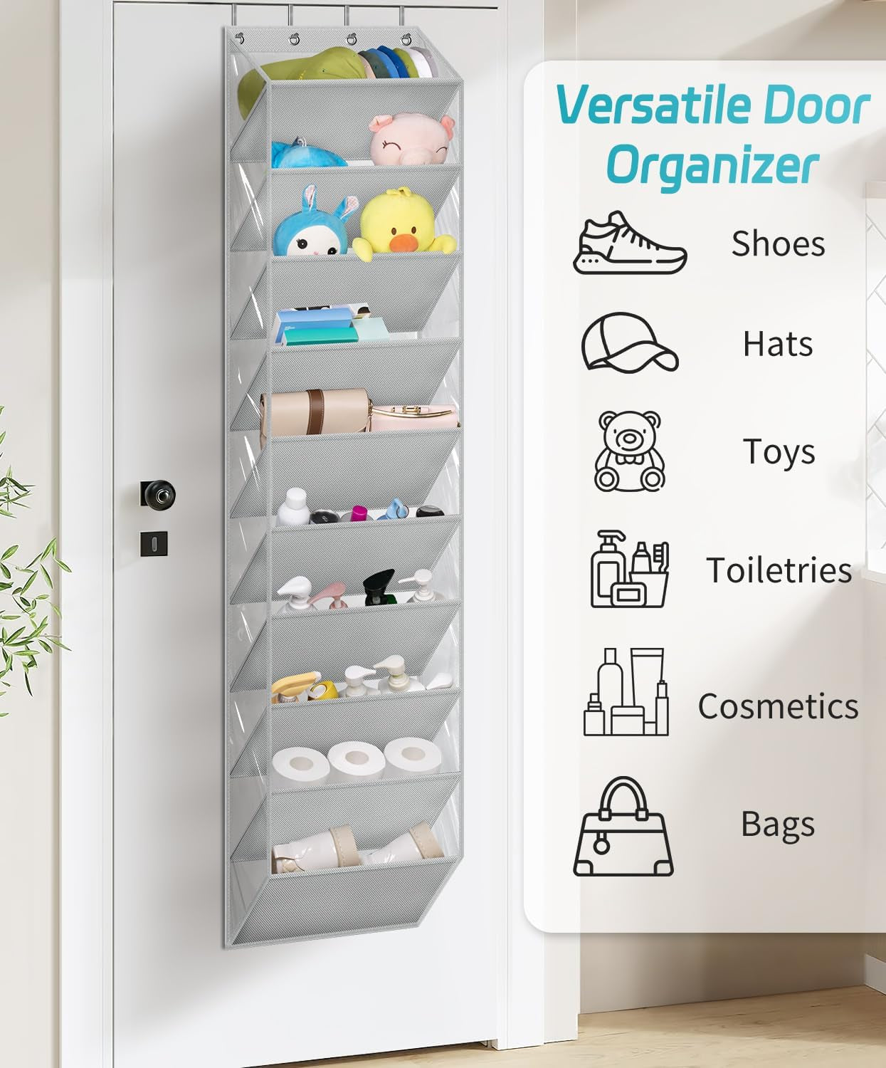 10 Tier Clear over the Door Shoe Organizer Storage, Deep Pockets Large Hanging Shoe Rack for Closet Door, Fit 20 Pairs Shoe Holder Hanger for Boots (Grey)