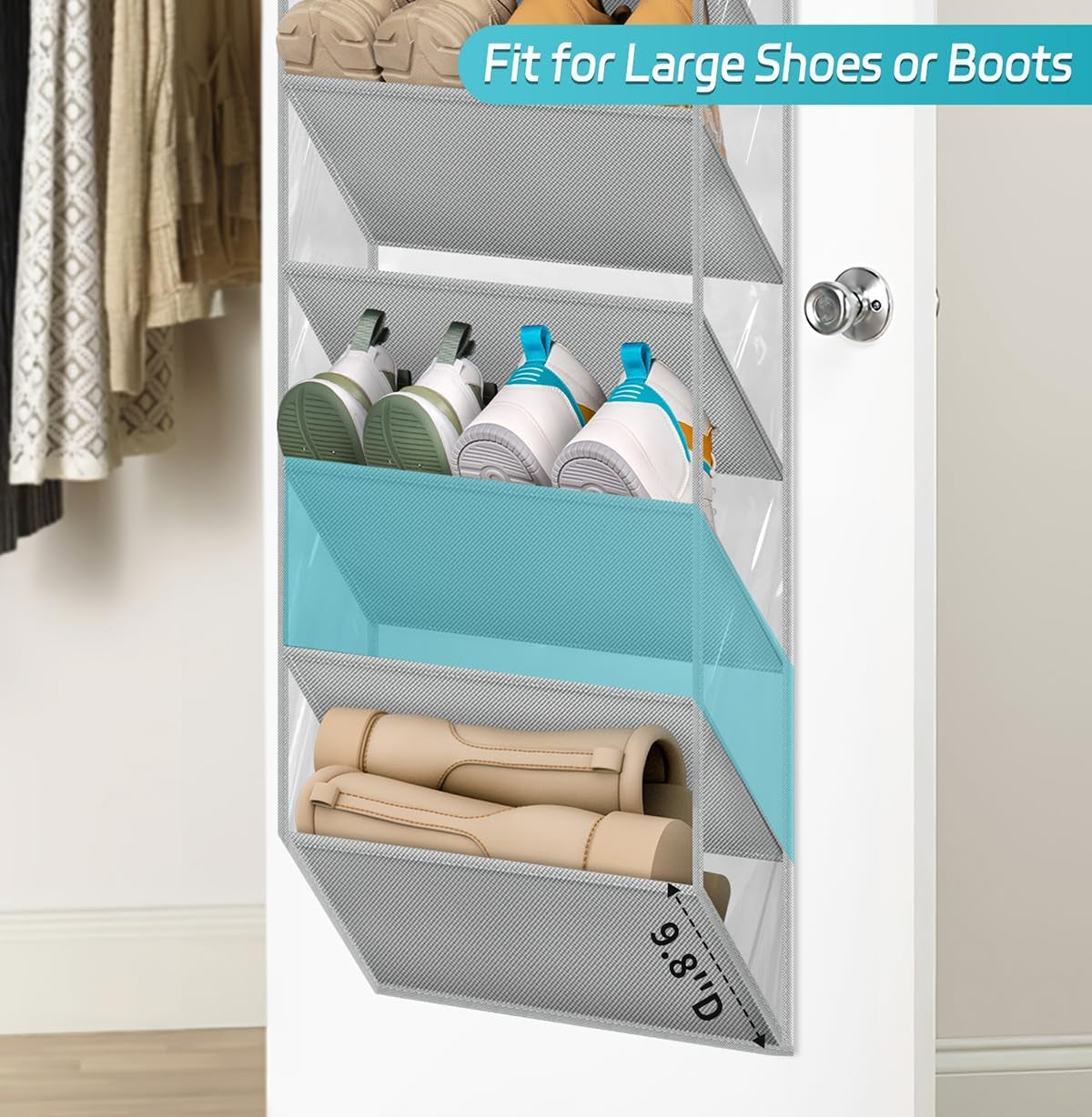 10 Tier Clear over the Door Shoe Organizer Storage, Deep Pockets Large Hanging Shoe Rack for Closet Door, Fit 20 Pairs Shoe Holder Hanger for Boots (Grey)