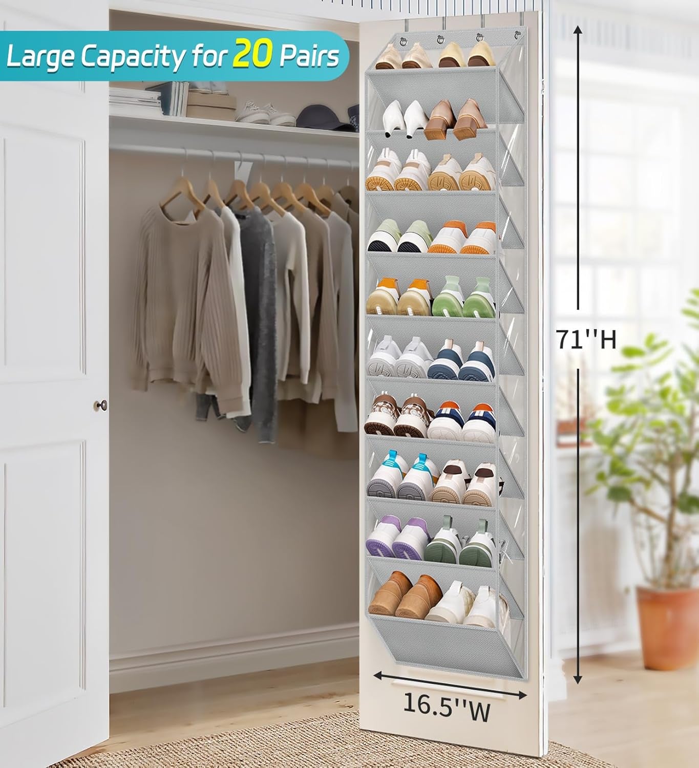 10 Tier Clear over the Door Shoe Organizer Storage, Deep Pockets Large Hanging Shoe Rack for Closet Door, Fit 20 Pairs Shoe Holder Hanger for Boots (Grey)
